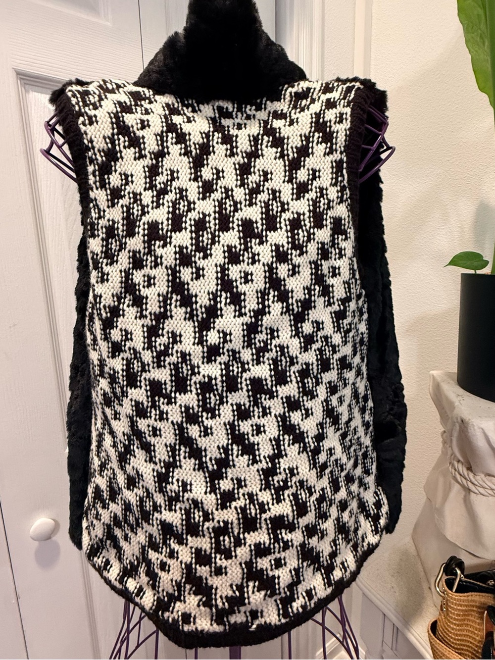 LOFT Black Faux Fur Trim Top